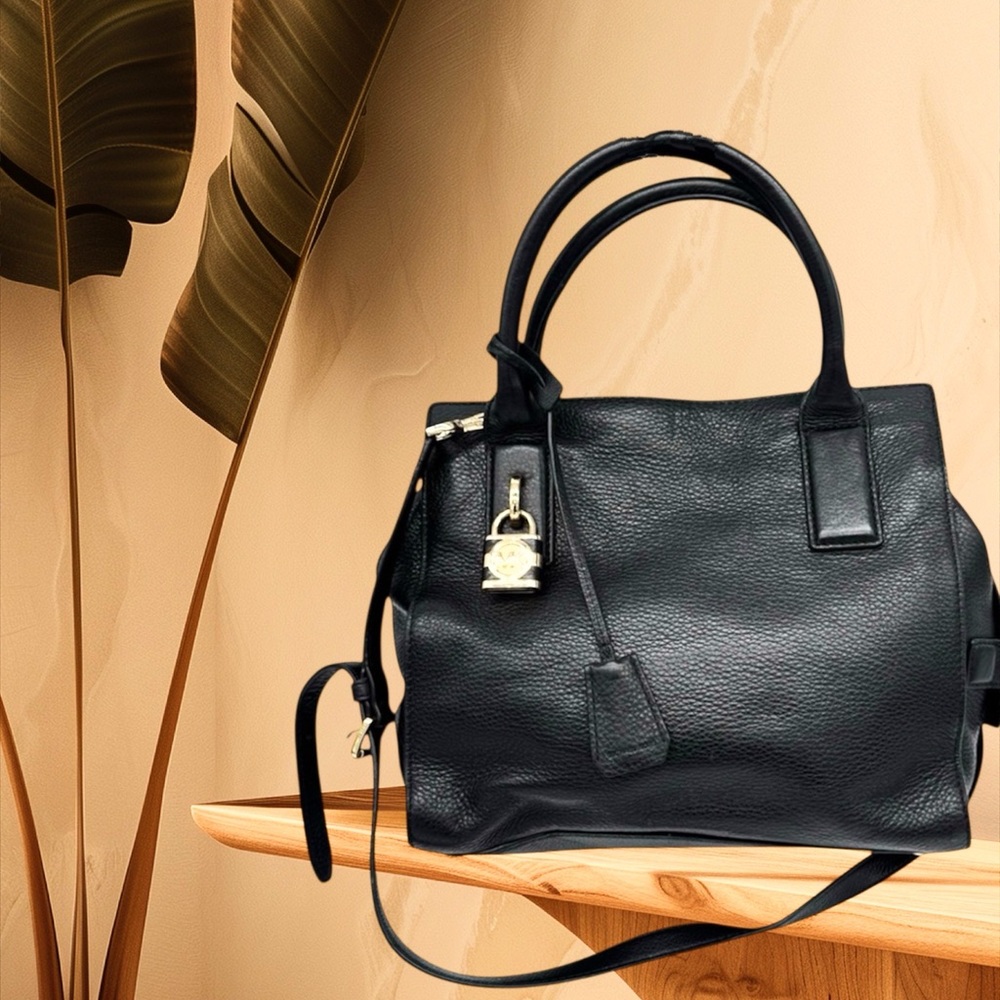 MICHAEL KORS McKenna Black Pebbled Leather Handbag Medium Satchel MSRP $328 EUC